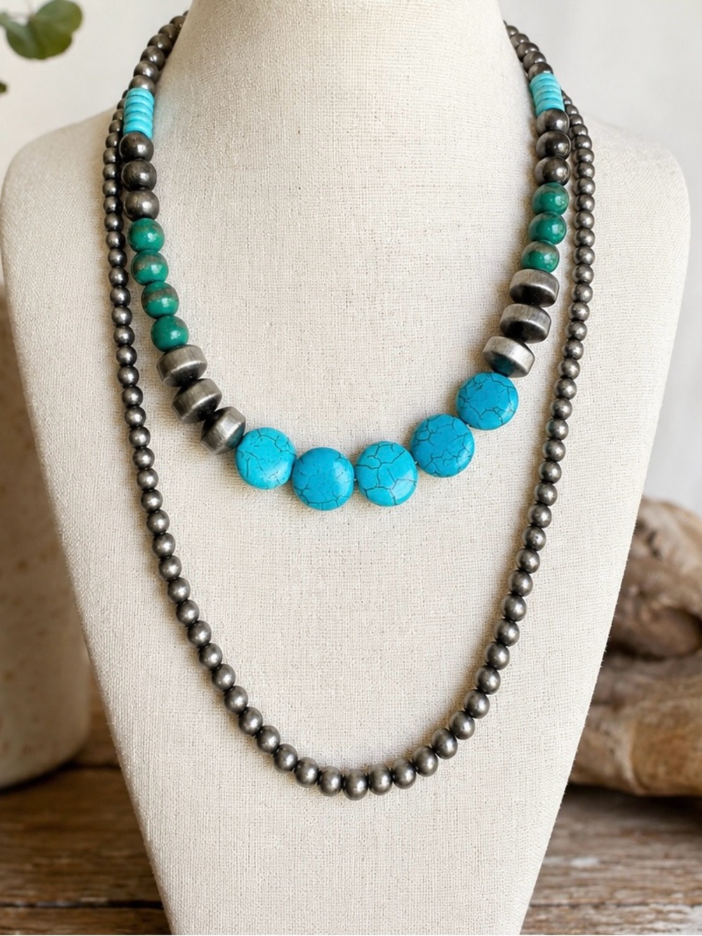 Southwestern Style Layered Turquoise Color Silver Tone Beaded Layered Necklace